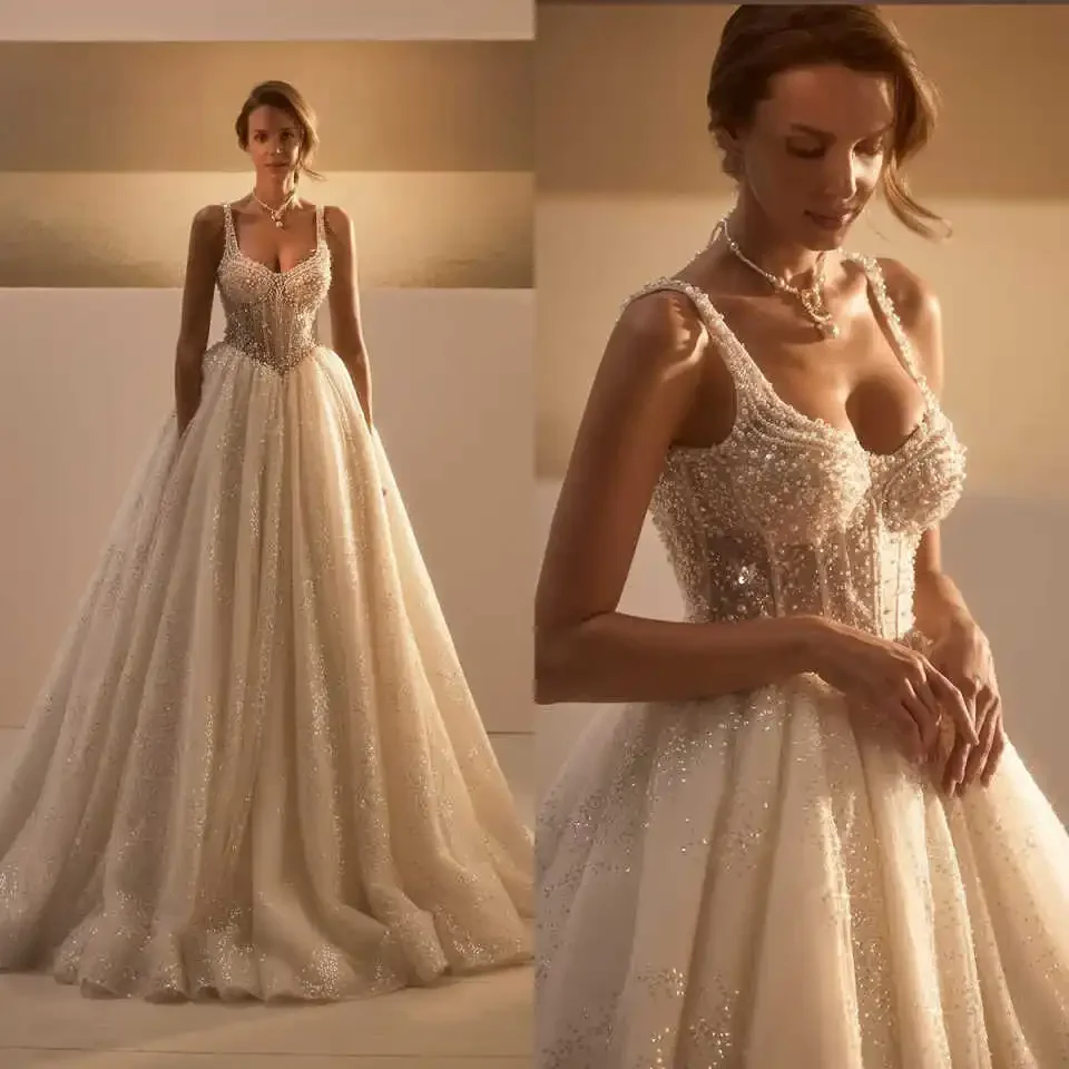 

Flavinke Customized Luxury Ball Gown Wedding Dresses Shiny Pearl Beading Lace Evening Party Gown Vestido De Noiva Sweep Train