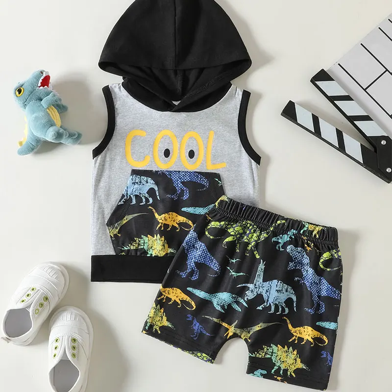 3-24M Fashion Summer Baby Sports Suit Pure Cotton Cartoon Animal Cool Print Hooded Vest + Multi-color Dinosaur Shorts