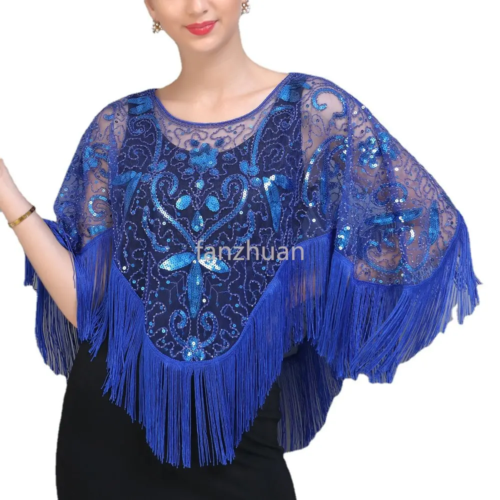 

Retro 1920s Vintage Evening Cape 1920s Flapper Dress Accessories Party Shawls Scarves Wraps Poncho Sequin Beaded Fringe Cover Up