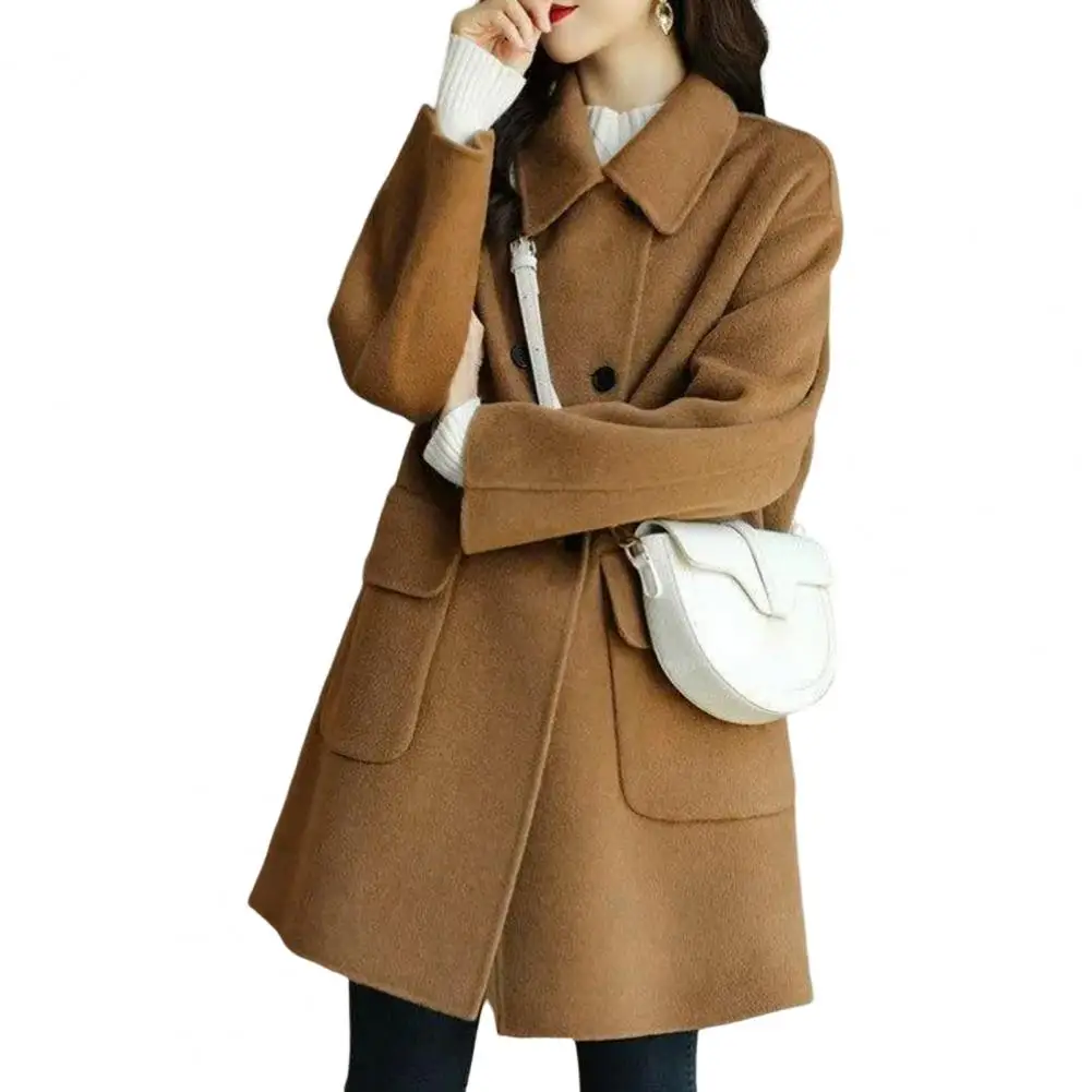 Women Overcoat Pocket Design Fashionable Women Mid-Long Winter Woolen Coat Loose-fitting Washable Women Long Coat for Lady