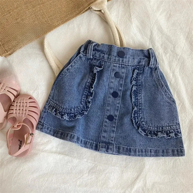 

Kids Girls Denim Skirts Blue Ruffles Mini Skirts 2024 New Spring Clothes Children Princess Casual Summer Skirts Age For 12M-6Y