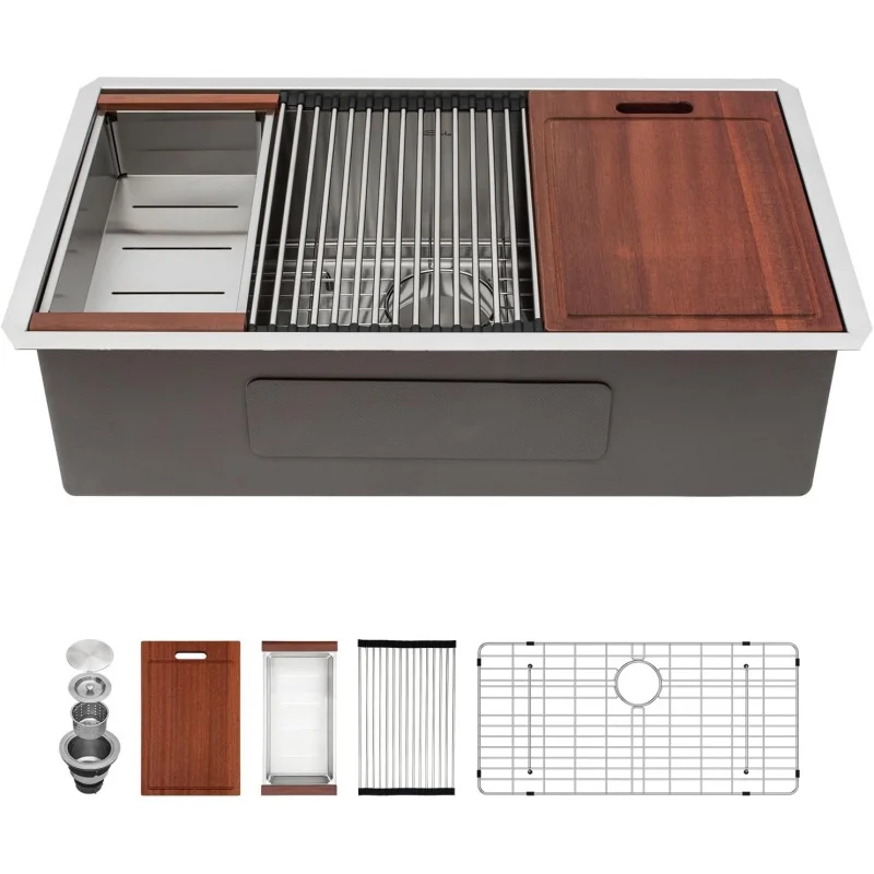 

33x19 Inch Undermount Workstation Kitchen Sink, 16 Gauge Thickened Stainless Steel Deep Single Bowl, Rustproof Under Counter