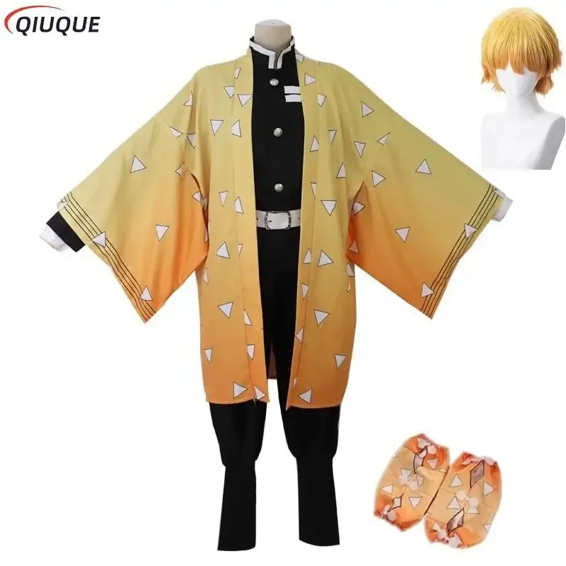 Disfraz de Cosplay de Zenitsu Agatsuma para niños y adultos, peluca, Kimono, capa, uniformes, mujeres, hombres, niñas, niños, Halloween, Carnaval, trajes de fiesta