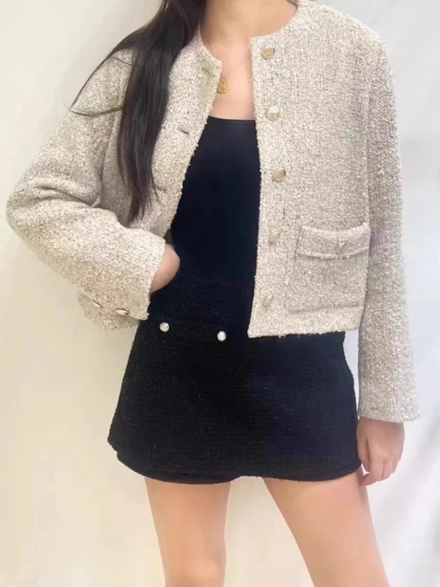 

Women's Short Coat Tweed O-neck Single Breasted Autumn New Ladies Temperament OL Jacket