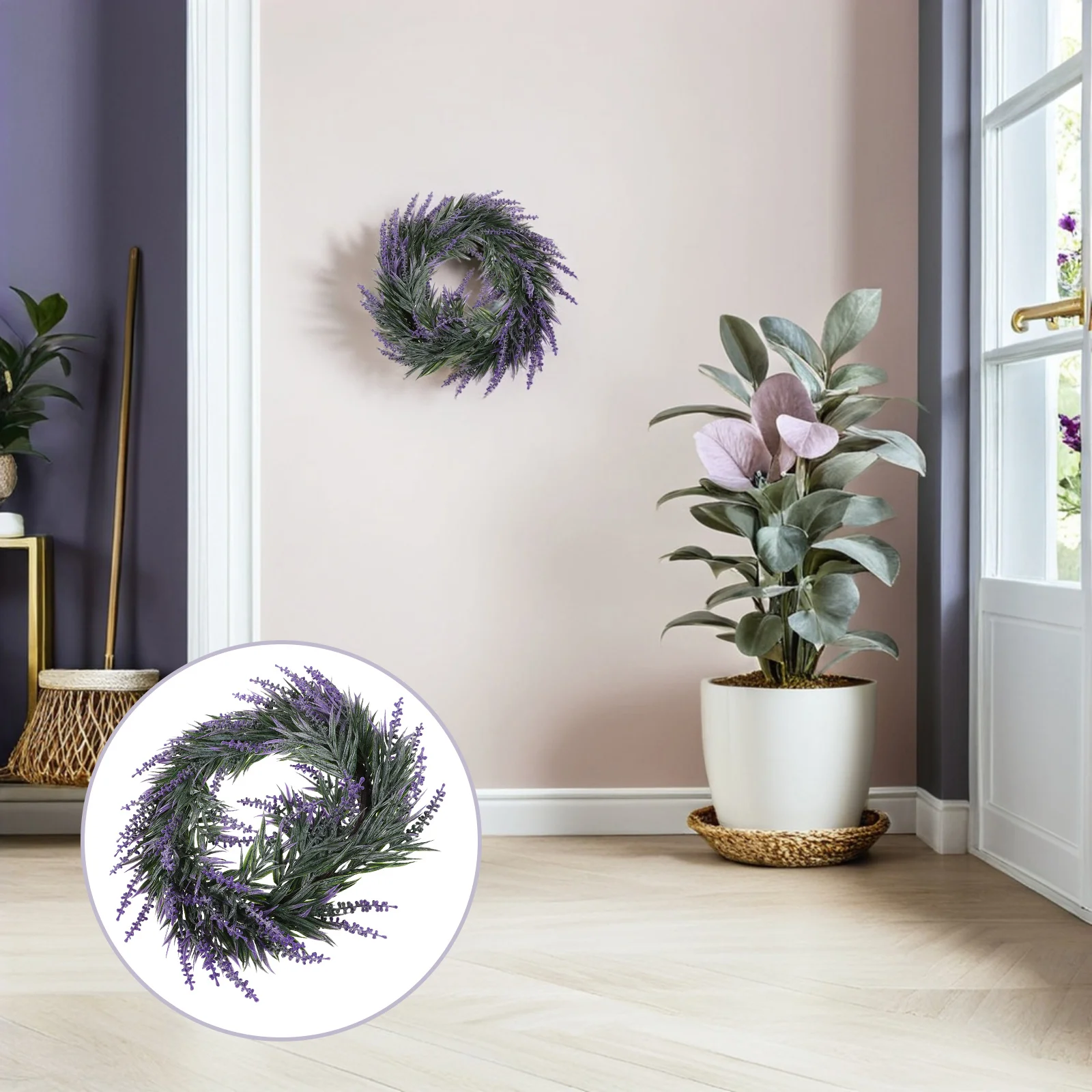 

Artificial Lavender Wreath Purple Garland 15inch for Christmas Indoor Outdoor Wedding Party Home Decor Rustic Farmhouse Charm