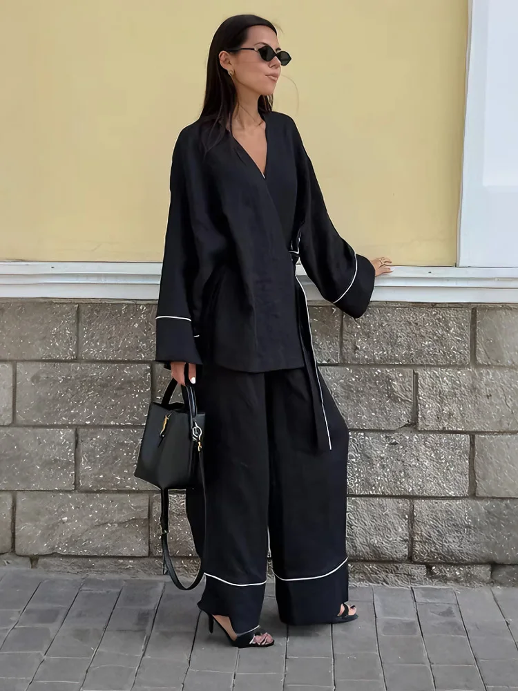 

Tossy Black Casual 2 Piece-Set Women Pants Loose Contrast Cardigan Coat And High Waist Wide Leg Trousers Outfits Female Clothes