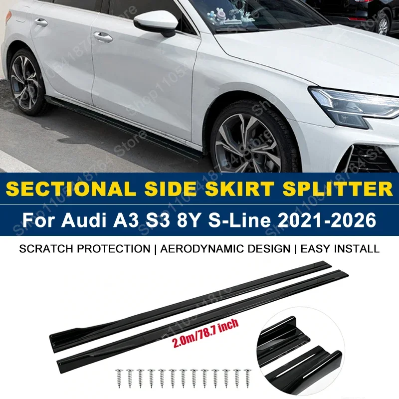 Side Skirts Extension Rocker Panel Splitter For Audi A3 S3 8Y S-Line 2021-2026 2M 78.7" ABS Plastic Car Exterior Tuning