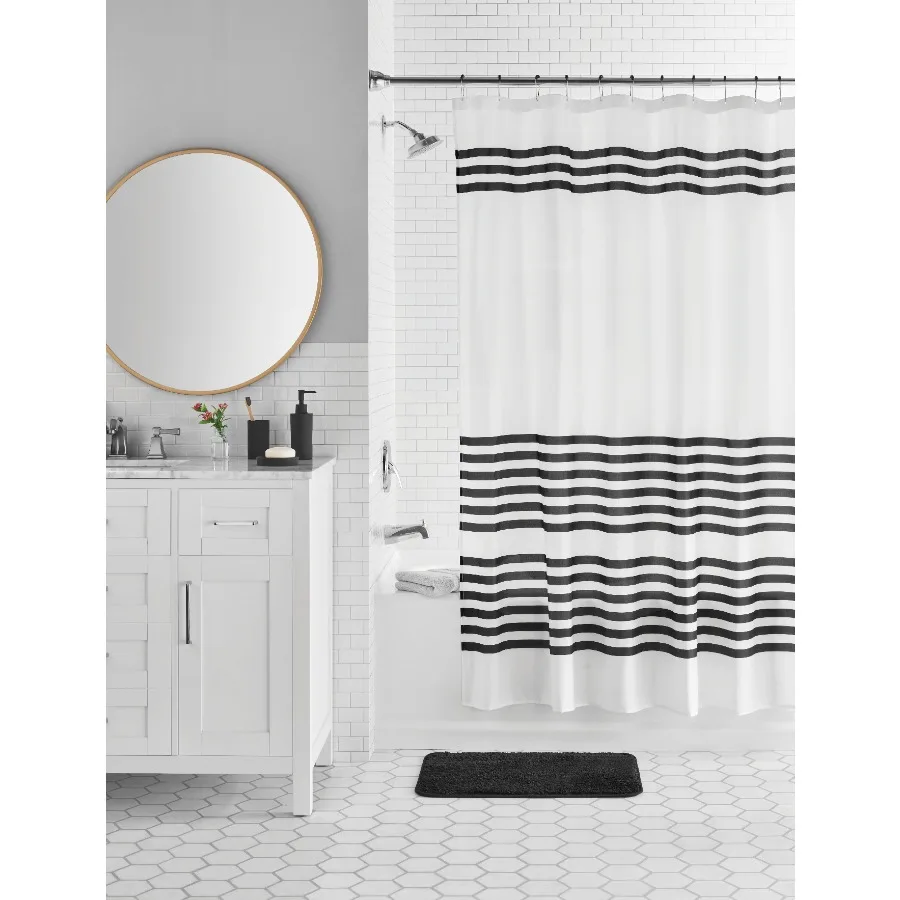 

17-Piece Black and White Stripe Polyester Plastic Shower Curtain and Bathroom Accessory Set