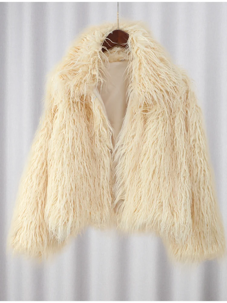 2024 Winter New Fashion Solid Fluffy Fur Coat Women High Street Luxury Lapel Collar Faux Fur Jacket Female Casual Overcoats