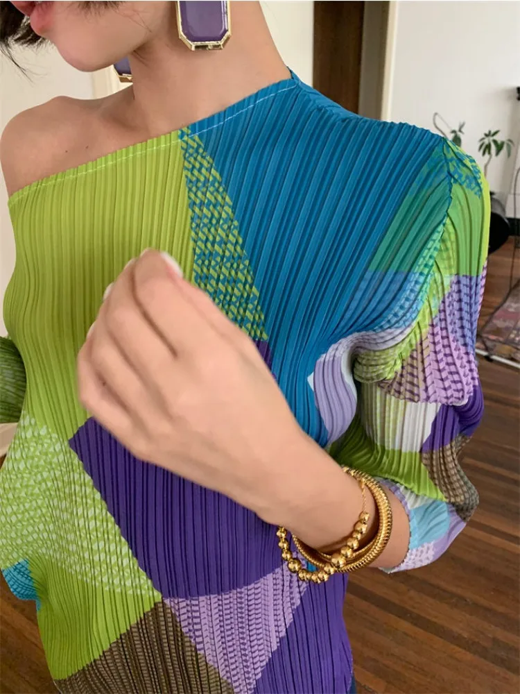 Luxury Design Patchwork Pleated T-Shirts Women Spring Summer Tops Office Lady Outerwear Brand 3/4 Sleeve Tees Tredny Harajuku