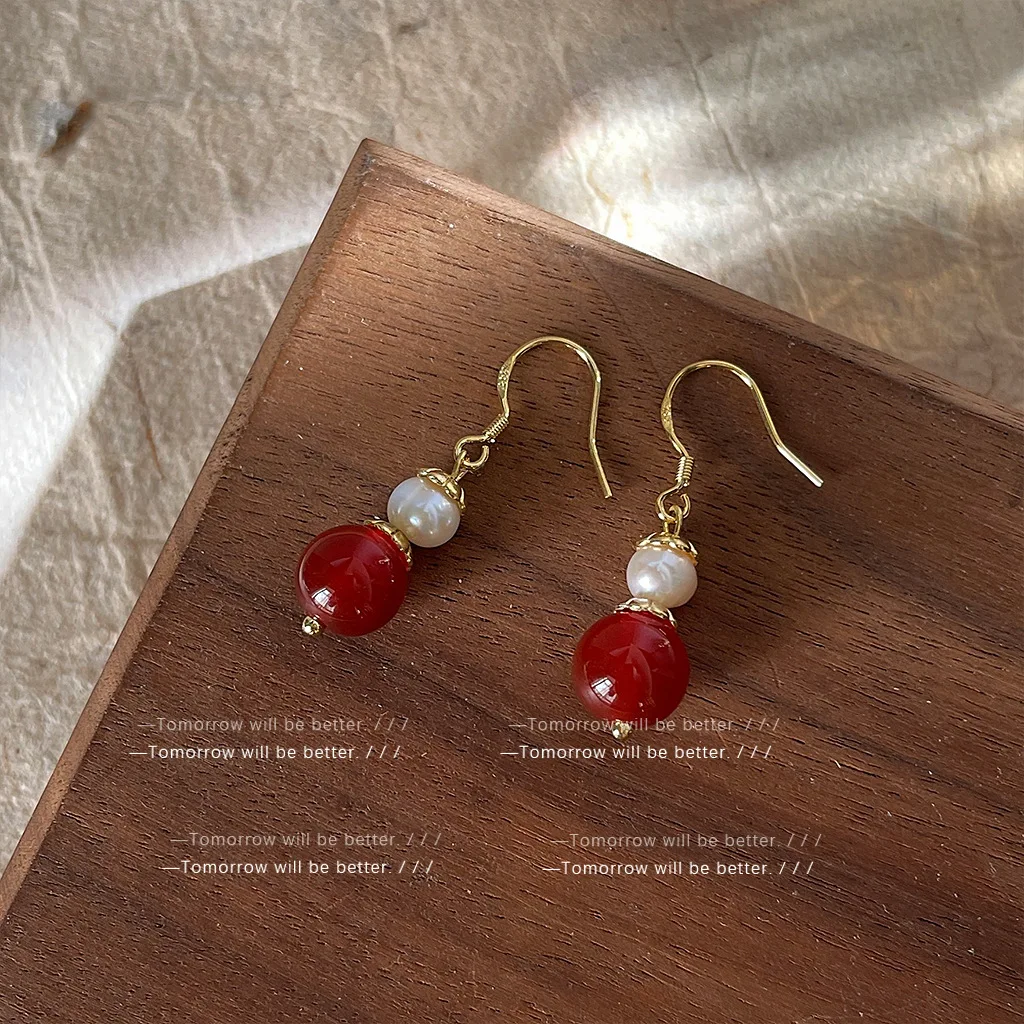 Vintage Style Pearl Red Agate Earrings Women Handcrafted Elegant Love Bean Dangle Earrings Wholesale