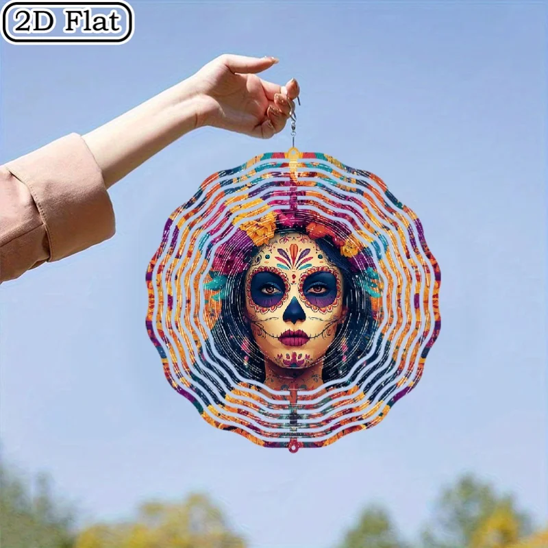 CIFBUY Wind Chime Day of the Dead Sugar Skull Colorful 360° Rotating Metal Spinner Outdoor Garden Yard Porch Hanging Decor Gift