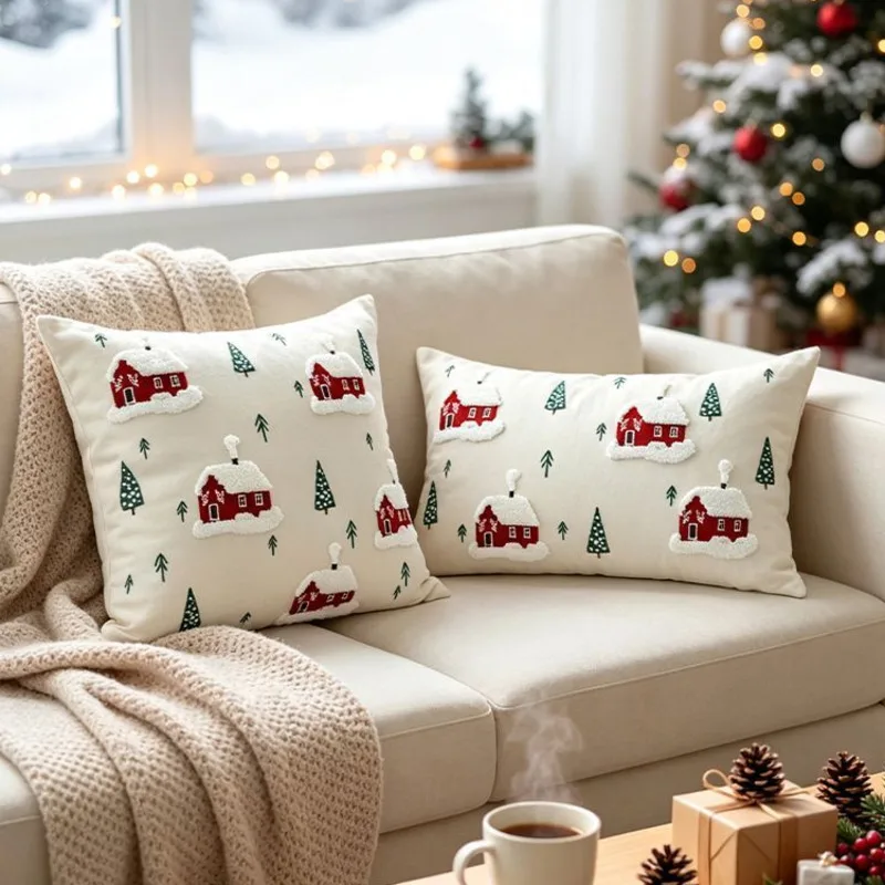 Christmas Throw Pillow Cover Red House Embroidered Cushion Canvas Sofa Decorative Pillowcase Living Room Winter Holiday Decor