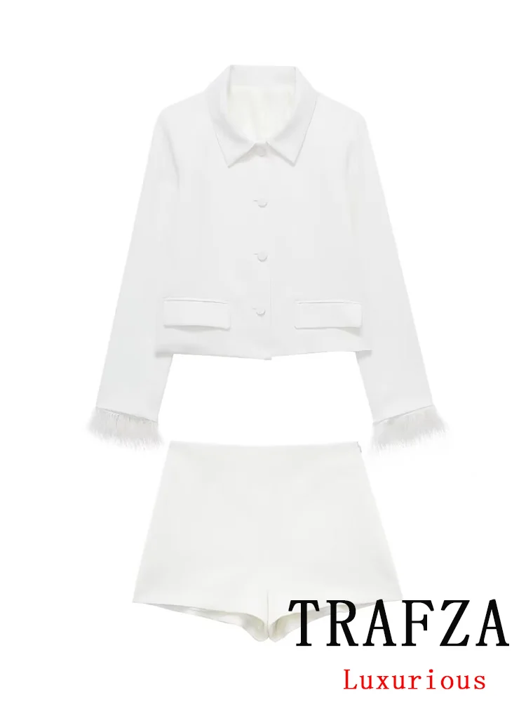 TRAFZA Vintage Suit Women Solid White Feathers Blazer High Waist Shorts Fashion 2024 Spring Summer Office Lady Sets