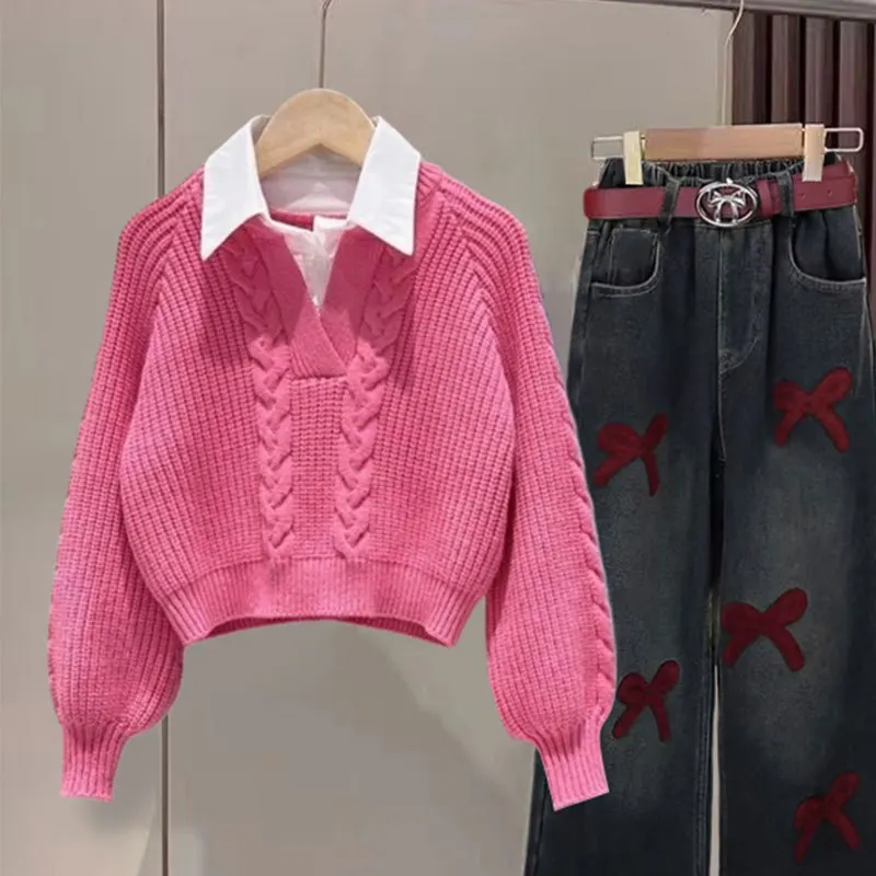 

Girls' Denim Pants, Hooded Red Fitted Top, Loose Denim Casual Pants, Sporty Style Children's Set Girls' Sporty Top