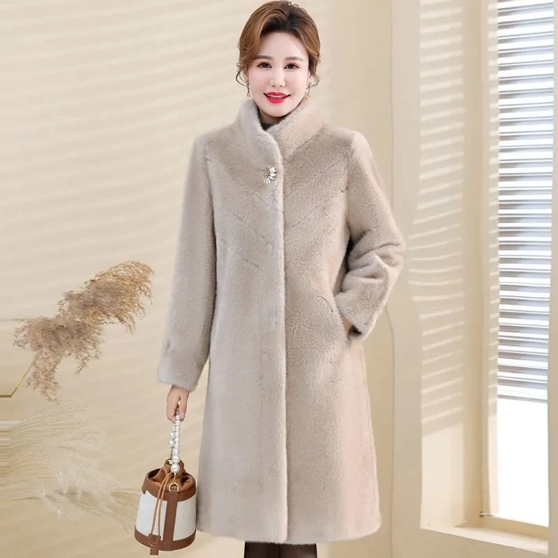 

High Quality Mother Mink Fur Long Jacket Winter Fashion Temperament Thicken Warm Fur Overcoat Middle Age Female Warm Coats 5XL