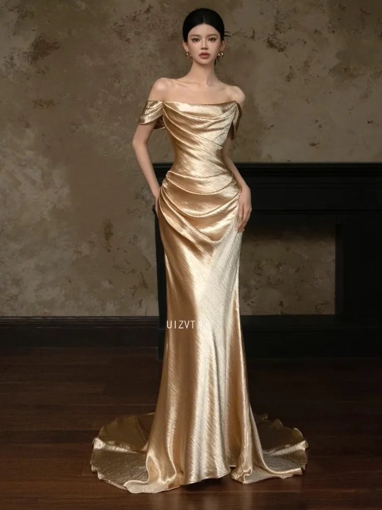 

Золотые платья русалки для выпускного вечера, женское атласное вечернее платье с открытыми плечами и длинным рукавом, роскошное вечернее коктейльное платье по индивидуальному заказу