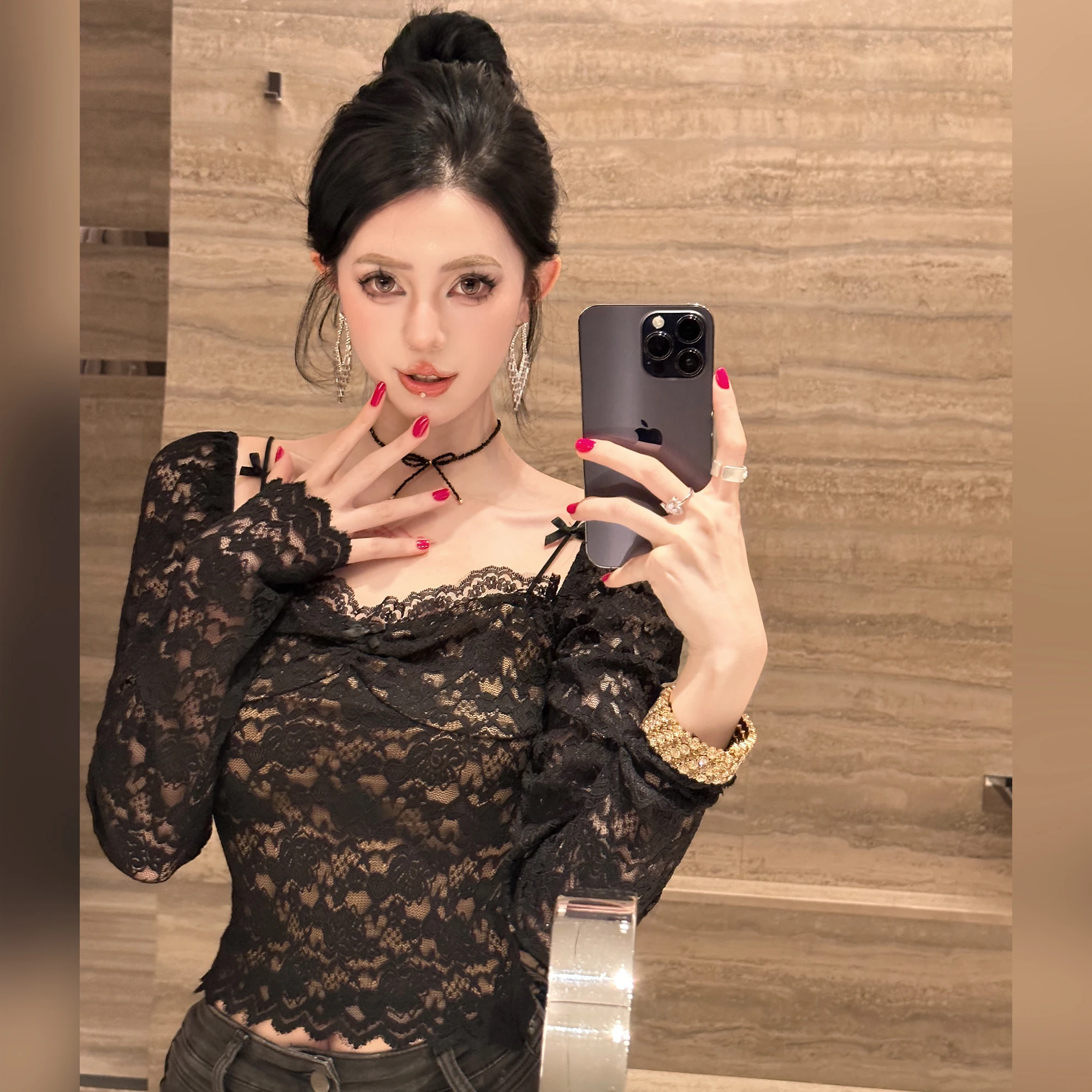 

Women's Lace Knot ort Sve Long irt Spring Inner Wear Slim Fit Base irt Korean Sle Commute Pure Color