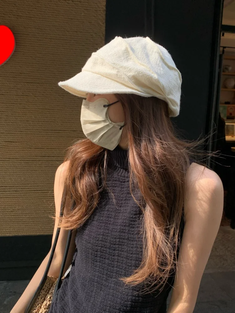 デザイナーhaaxプリーツフラットクラウンハット女性用春夏フェイススリミングニュースボーイキャップレトロ高級感ペインターハット