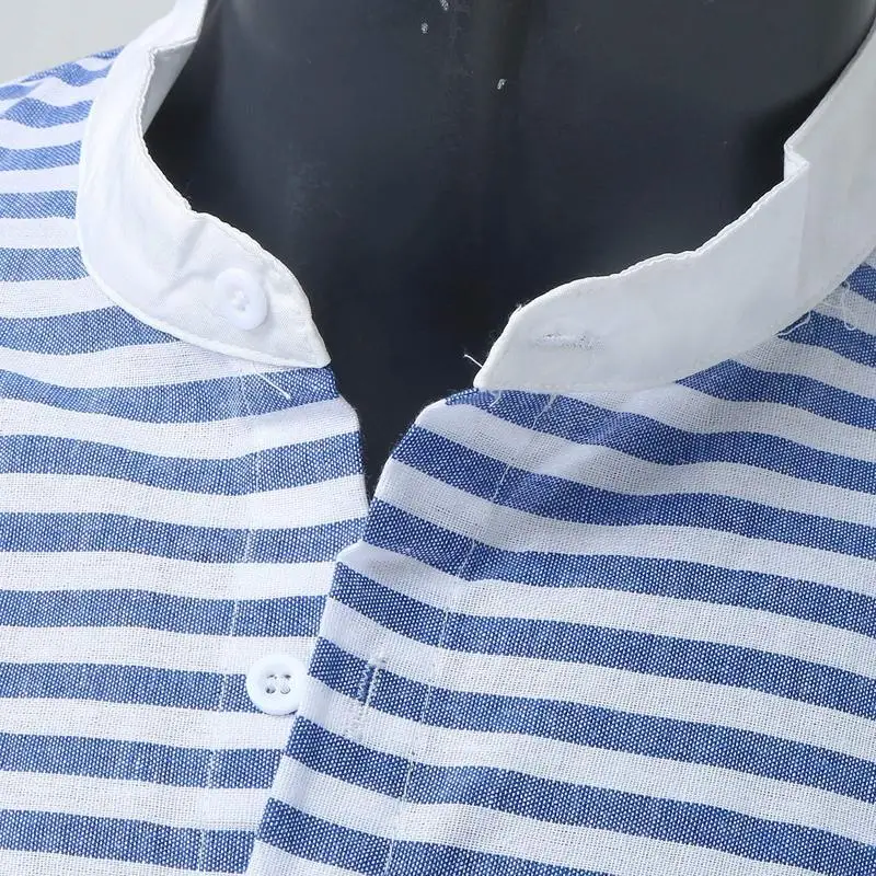 Mens Vertical Striped Stand Collar Long Sleeve Shirt Patchwork Button Front Loose Fit Vintage Casual Beach Holiday Blouse Tops