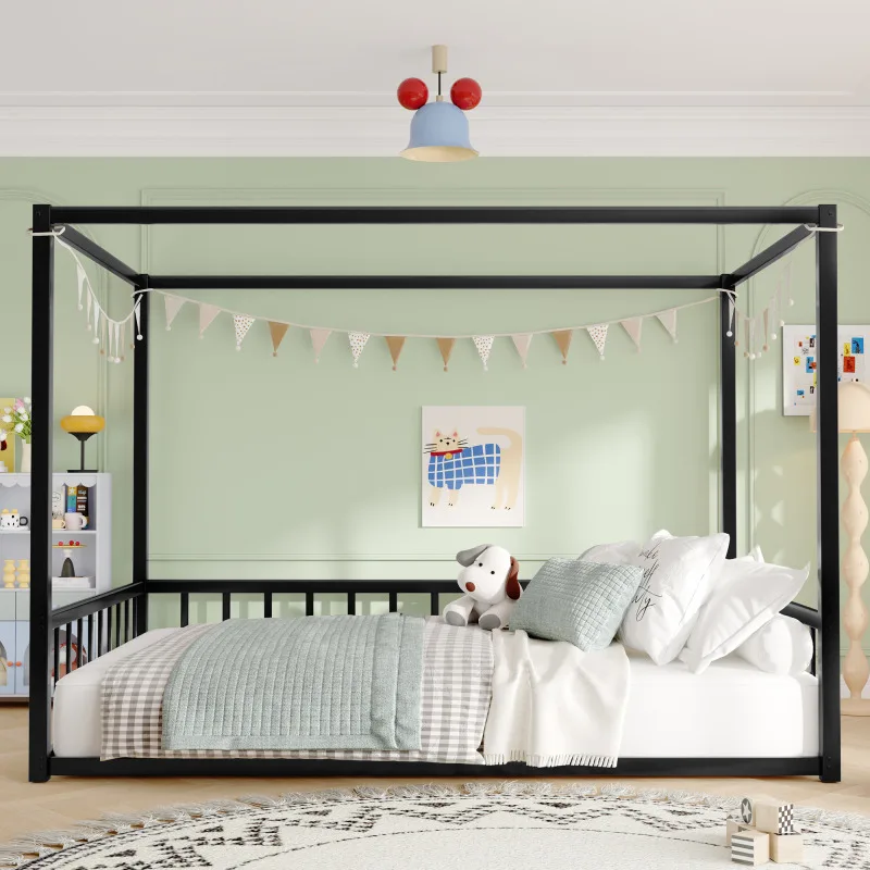 Full Size Sunshade Floor Iron Bed Frame Modern Low-Profile Double-Size Bed Equipped With Fence-Style Guardrails Black Series