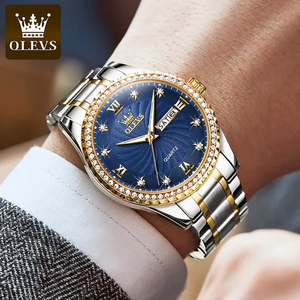 OLEVS 5565 Stainless Steel Strap Quartz Men Wristwatches Golden Diamond-encrusted Luxury Business Waterproof Watches for Men