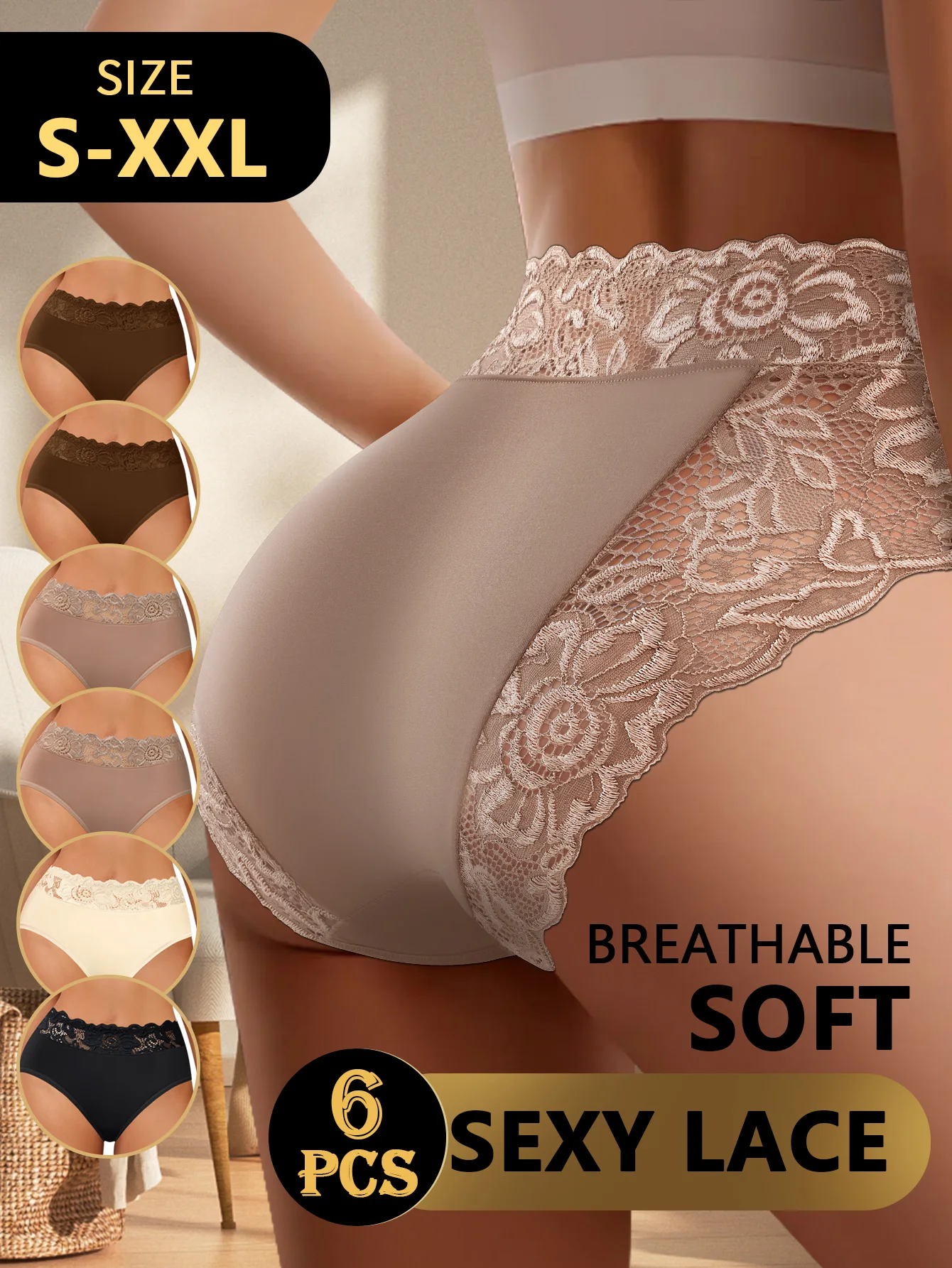 

Комплект из 6 женских бесшовных трусиков со средней посадкой для контроля живота, элегантная кружевная отделка, полное покрытие, без рулона, пояс, гладкий комфорт для похудения