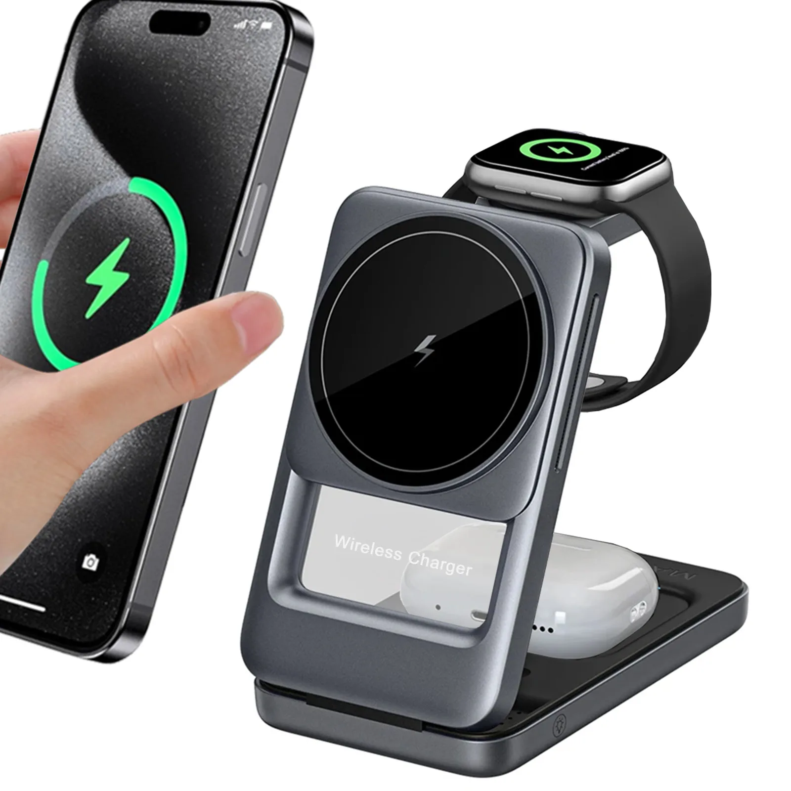 For Magsafe Wireless Charger Foldable Phone Stand For iPhone 17~12 Pro Max Apple Watch 9/8/7/6 Airpods Pro Fast Charging Station