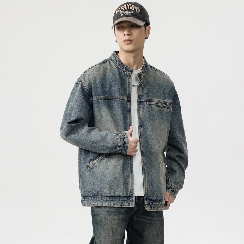 

Men Vintage Washed Denim Streetwear Fashion Loose Casual Denim Cargo Bomber Jacket Plus Size Stand Collar Jeans Coat Outerwear