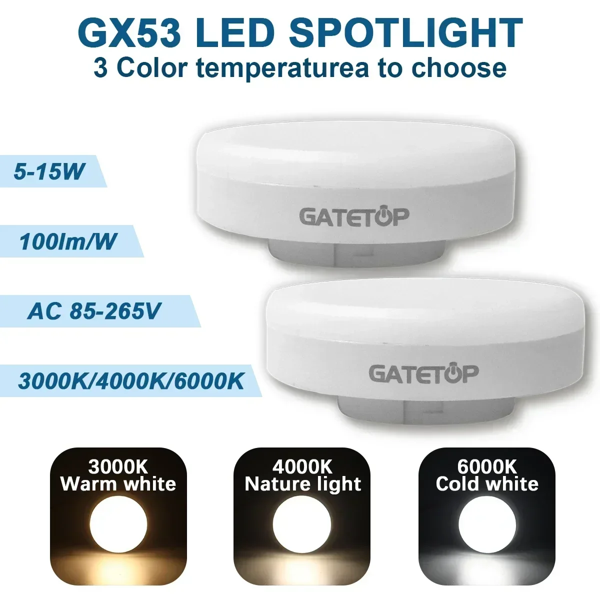 家庭および寝室用LEDスポットライト,温かみのある白色光,gx53,5w,7w,9w,15w,ac 85-265v,100lm/w 2個