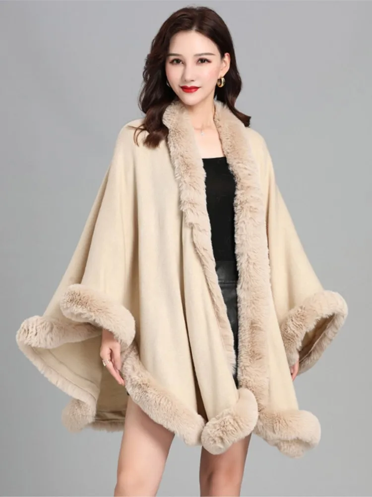 Korean Style New Imitation Rabbit Fur Collar Faux Cashmere Loose Ponchos Women Capes Coat Elegant Beige Apricot Cardigan Cloak