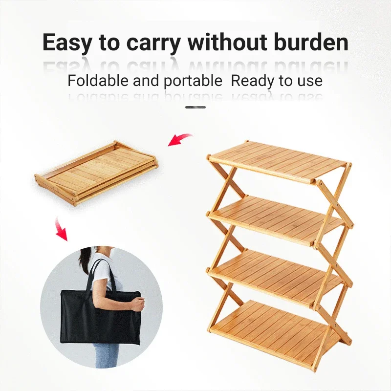 Estante plegable multifuncional para acampar al aire libre, Zapatero de almacenamiento de madera de bambú sin instalación portátil, multicapa