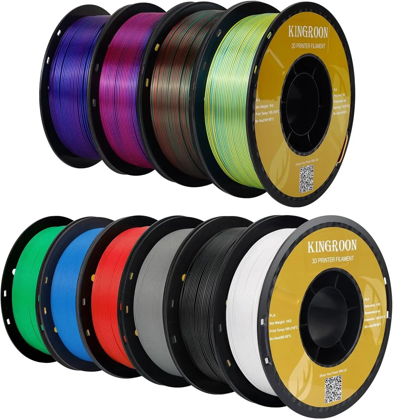

Kingroon PLA 3D Printer Filament,10 Rolls, 10kg Spool(22lbs),Single and Triple Color1.75 mm,4 Triple Color Silk PLA+6 PLA