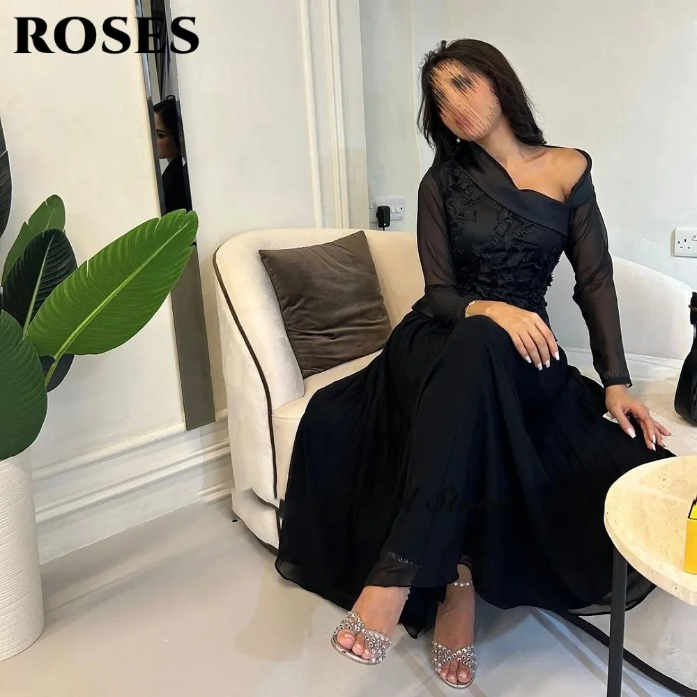 ROSES Black Elegant Prom Dresses One Shoulder Applique Prom Gown for Woman Satin Ankle-Length Ball Gown robe soirée Customized