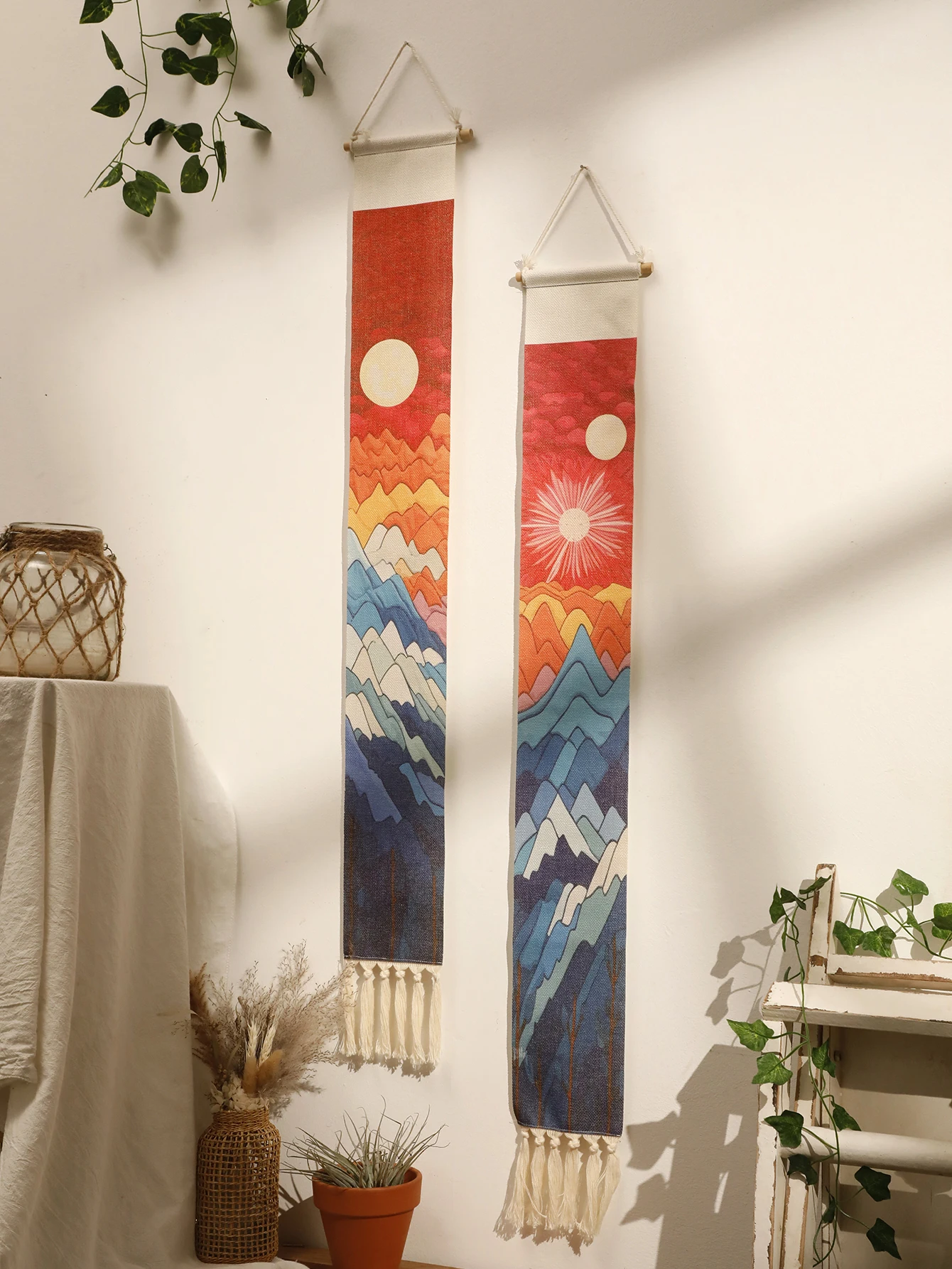 Macrame Tapestry Sunset Sunrise Handmade Wall Tapestries Boho Art Home Decoration Wall Hanging for Living Room Bedroom Ornament