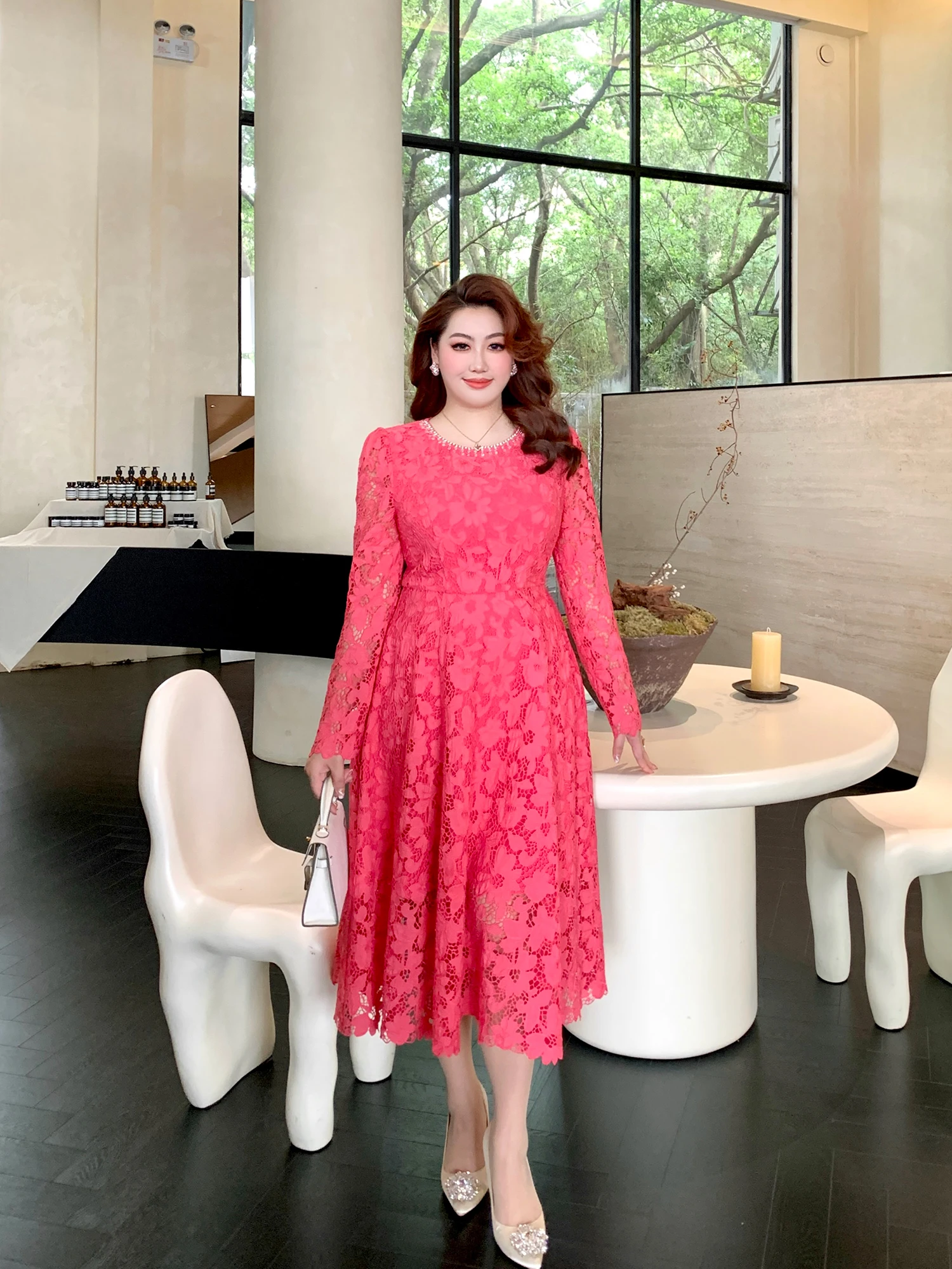 

GLEC, женское винтажное платье больших размеров с растворимым бисером, ажурное платье, осень-зима, с высокой талией, французское длинное све, миди, платье