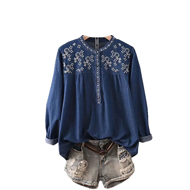 New Spring Cotton Denim Shirt Women O-Neck Long Sleeve Tops Girl Retro Embroidery Commute Loose Blouse 2024 Autumn Coat T43740QM