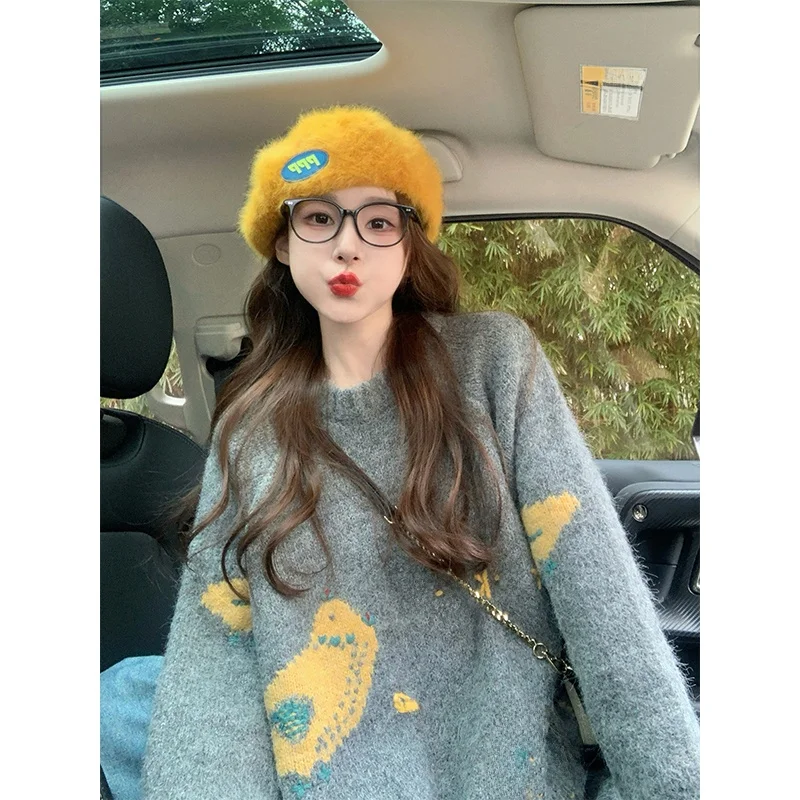 ay Cartoon Oversized Thiened Lazy Sle Retro Loose Women's Knitted Sweater Autumn Winter New Arrival Versatile Comfortable