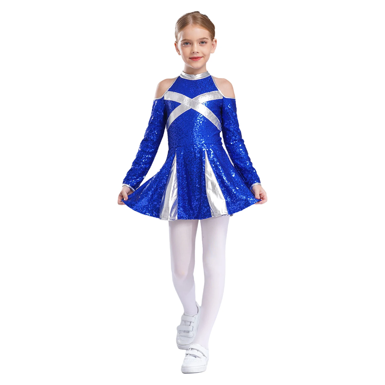 

Kids Girls Cheerleading Uniform Dress Cold Shoulder Long Sleeve Color Block Shiny Sequins Dress Jazz Dance Performance Costume