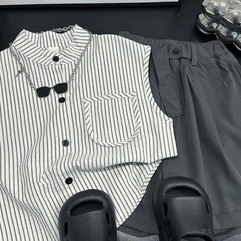 بدلة بدون أكمام ملابس أطفال أولادي طقم قمصان علوية ملابس للأولاد تي شيرت من 4 أطقم رجالية صيفية للأطفال شورت علوي #3