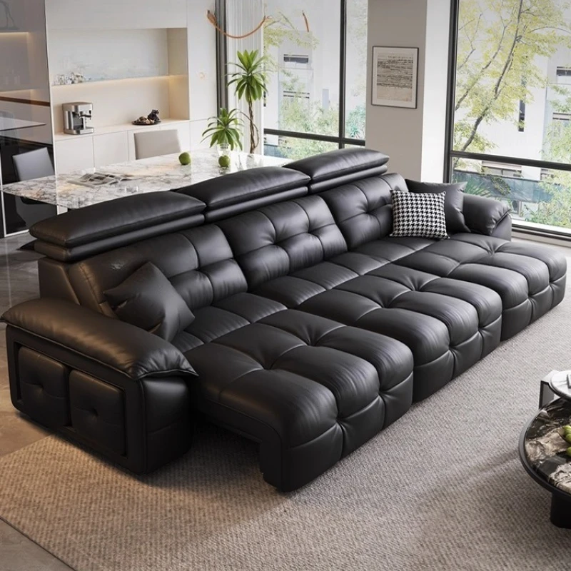 

Leather sofa bed first layer cowhide zero against the wall retro cream living room electric home theater adjustable