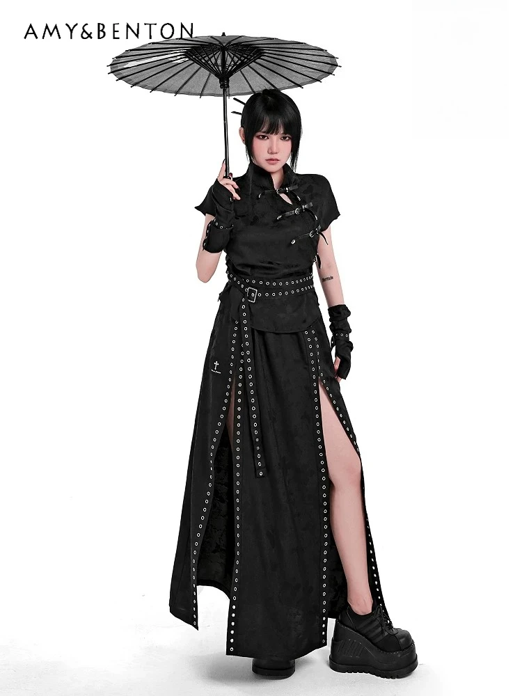 

2026 Summer New Chinese Punk Style Women Red Black Butterfly High Slit Sexy High Waist Long Maxi Skirt Trendy Streetwear