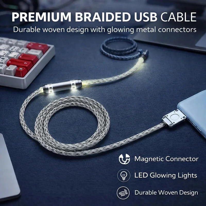 Custom Luminous Hollow Type-C Aviation Plug Cable – Single Crystal Copper 8K Magnetic Axis Keyboard Data & Charging Cable