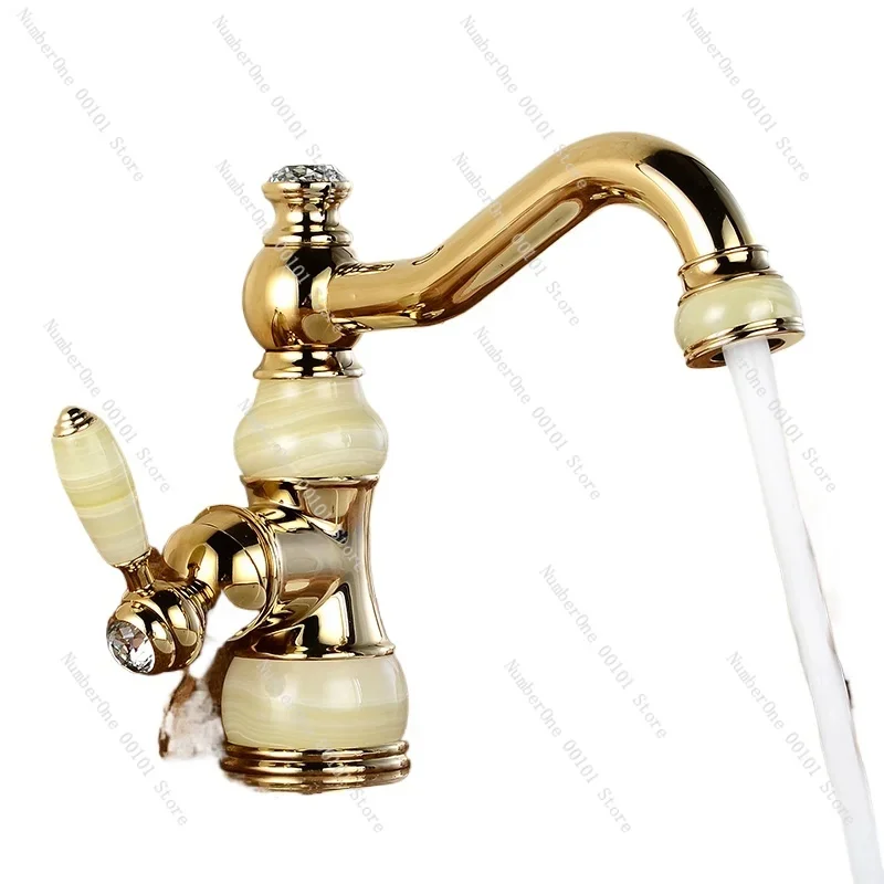 Basin Faucets Brass Jade Body with Marble Basin Faucet Single Handle Gold Finish Basin Sink Mixers Taps U-27