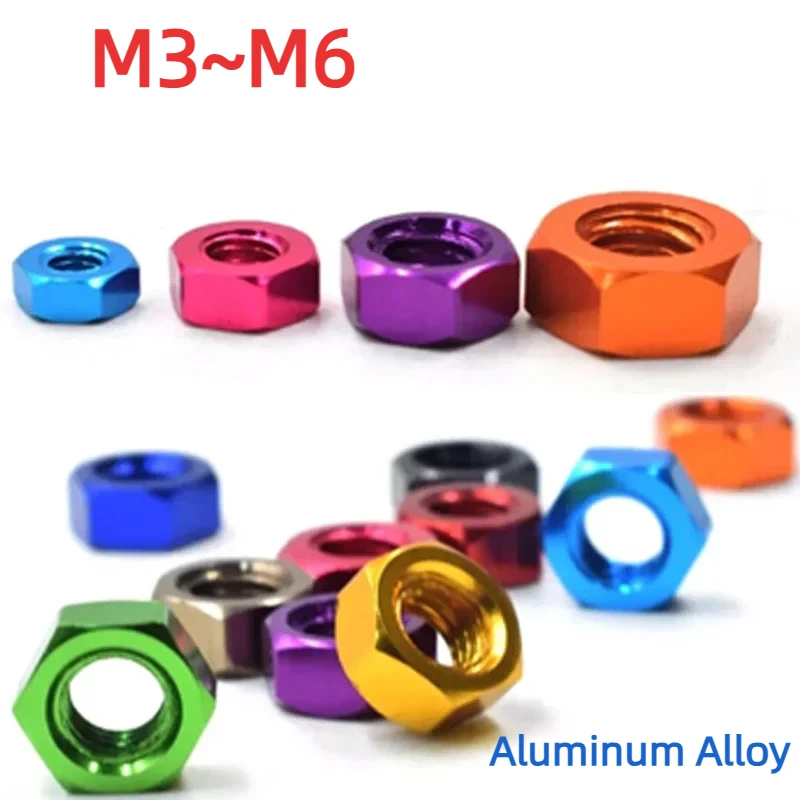 10 pcs colorful aluminum alloy hex nuts (M3, M4, M5, M6 sizes) – lightweight, rust-resistant,