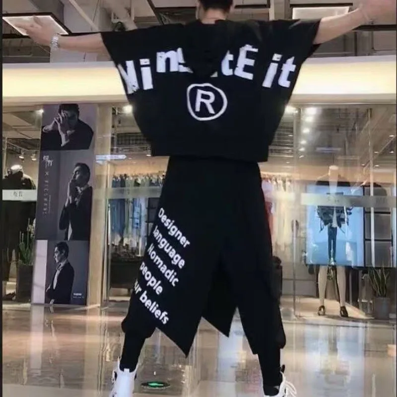 

New Hip-Hop Pants Tide Men Personality Nightclub DJ Culottes Fake Two Skirt Hairstylist Casual Pants Male Singer Stage Costumes