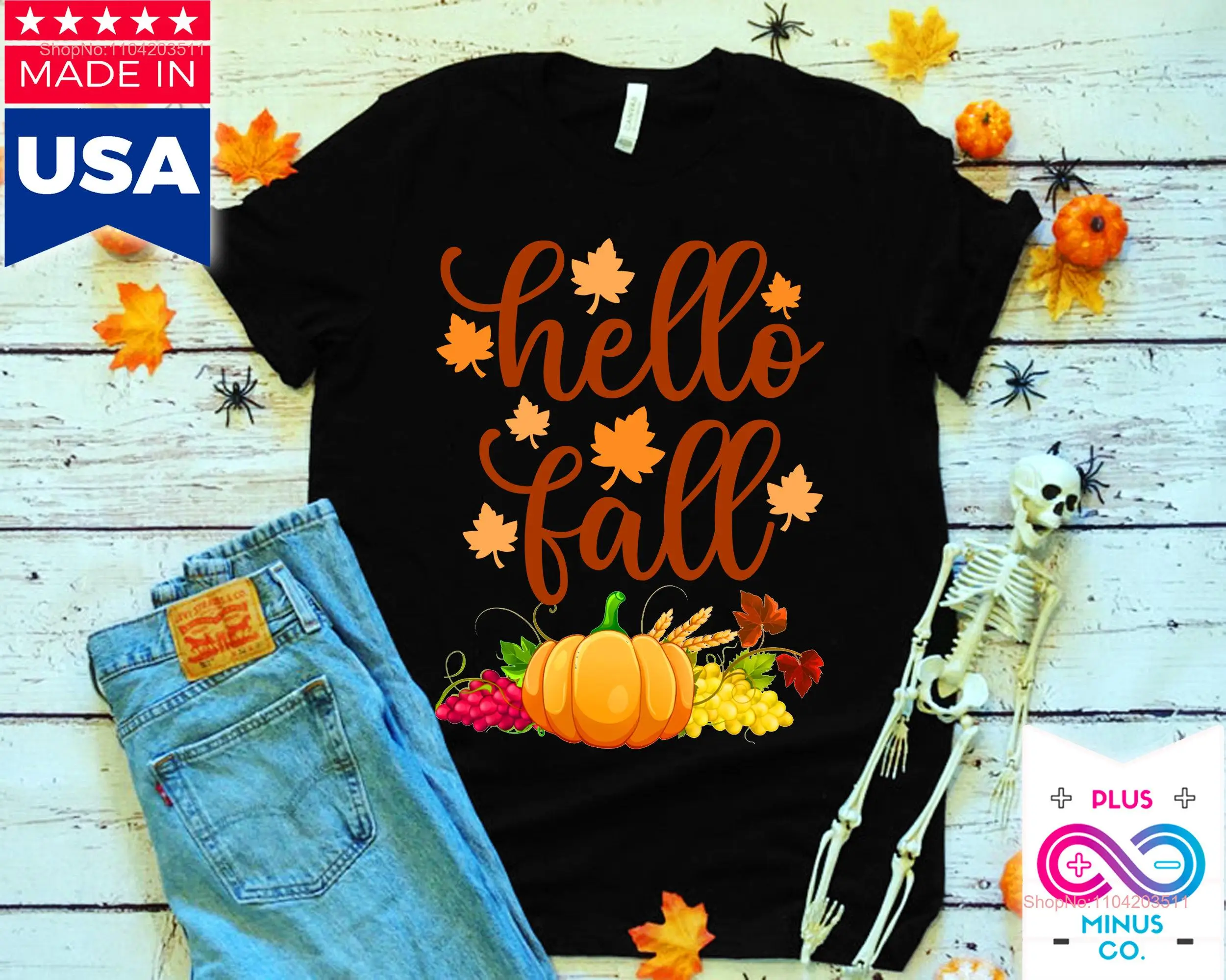 Hello Fall Thanksgiving T Shirt Pumpkin Season Autumn Leaves and Fruits long or short sleeves