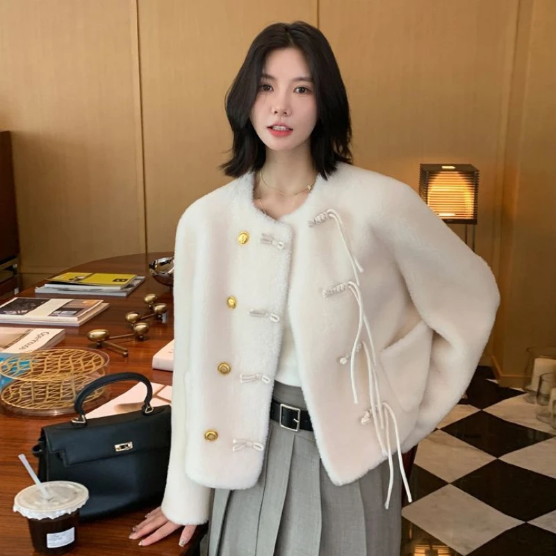 2023 Winter New Women Lamb Wool Coat Fashion Female Elegant Solid Color Round Neck Faux Fur Outwear Loose Casual Short Jacket