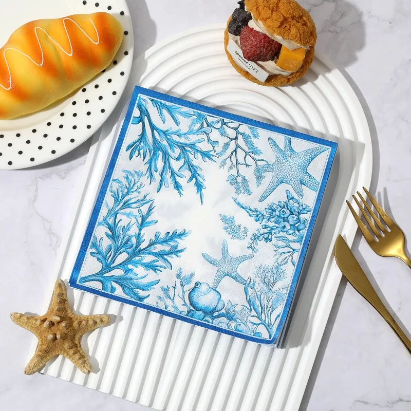 20 pçs 33cm 2ply oceano azul estrela do mar impresso guardanapos venda quente polpa de madeira nativa festa decoração tecido diy decoupage papel