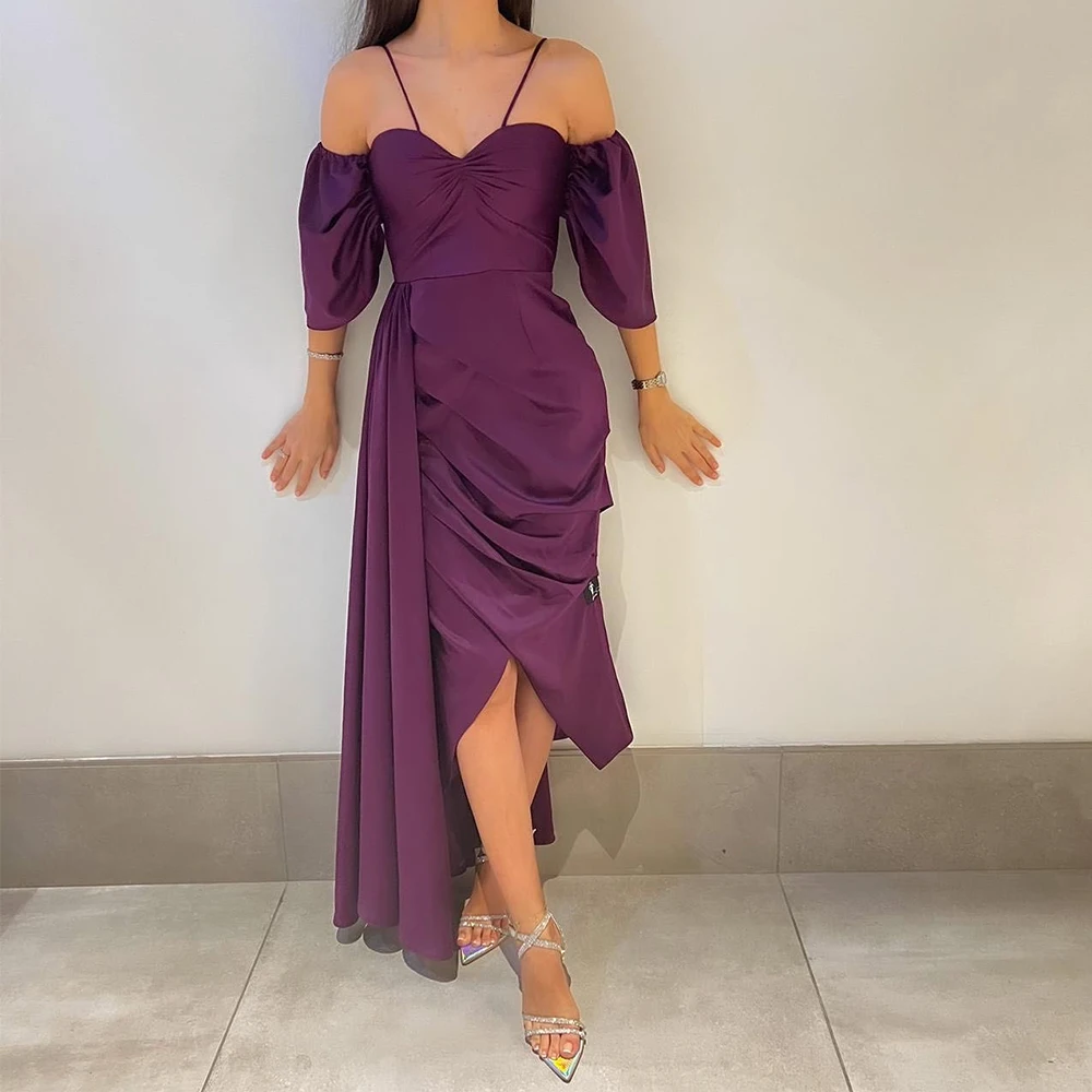 

Dark Purple Asymmetrical Evening Dress Satin Sweetheart Sexy Spaghetti Straps Tea Length Pleats Detachable Sleeve Party Gowns